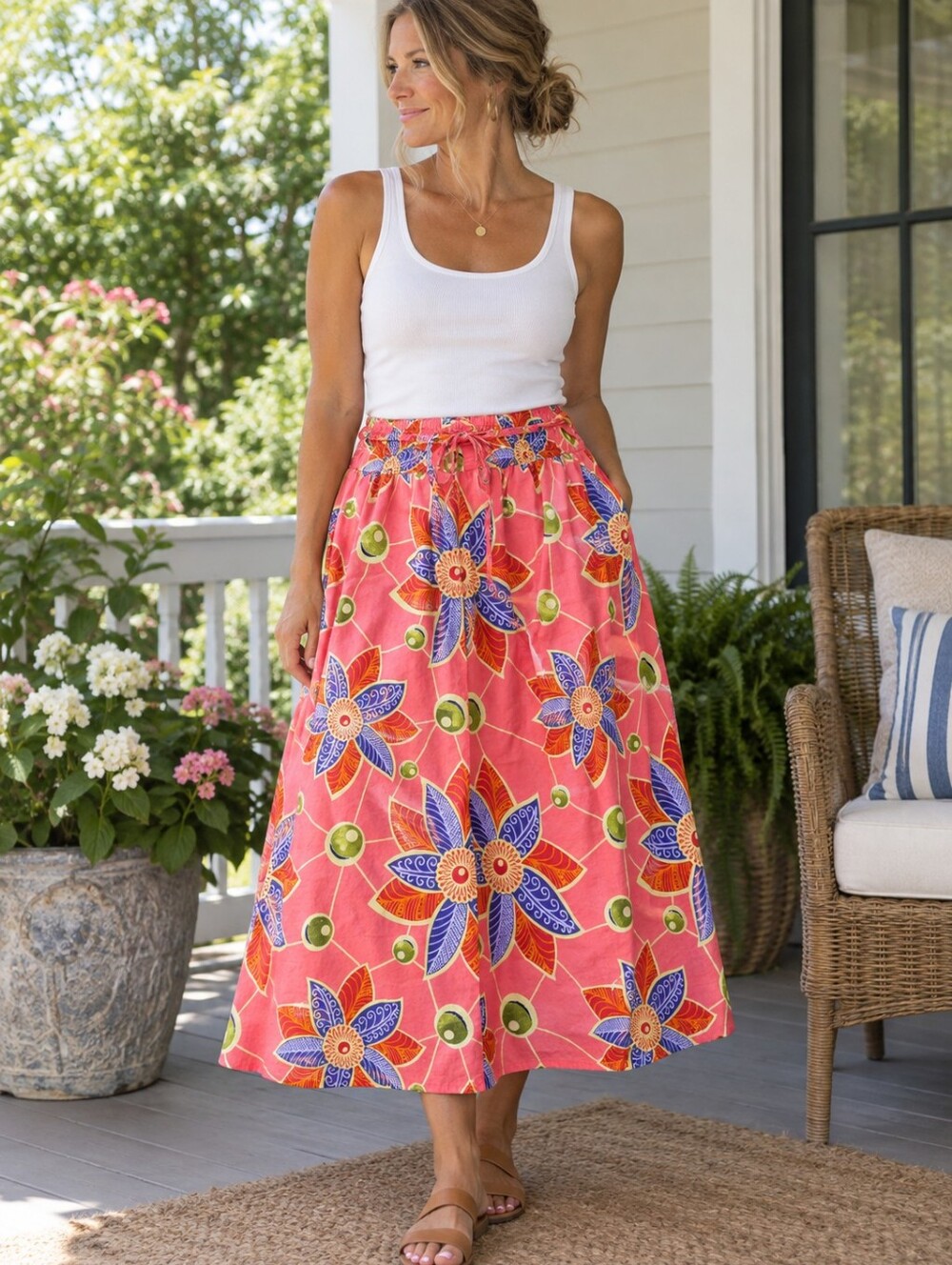 100% Cotton Maxi Skirt Coral Floral Boho Tropical Print One Size Elastic Waist